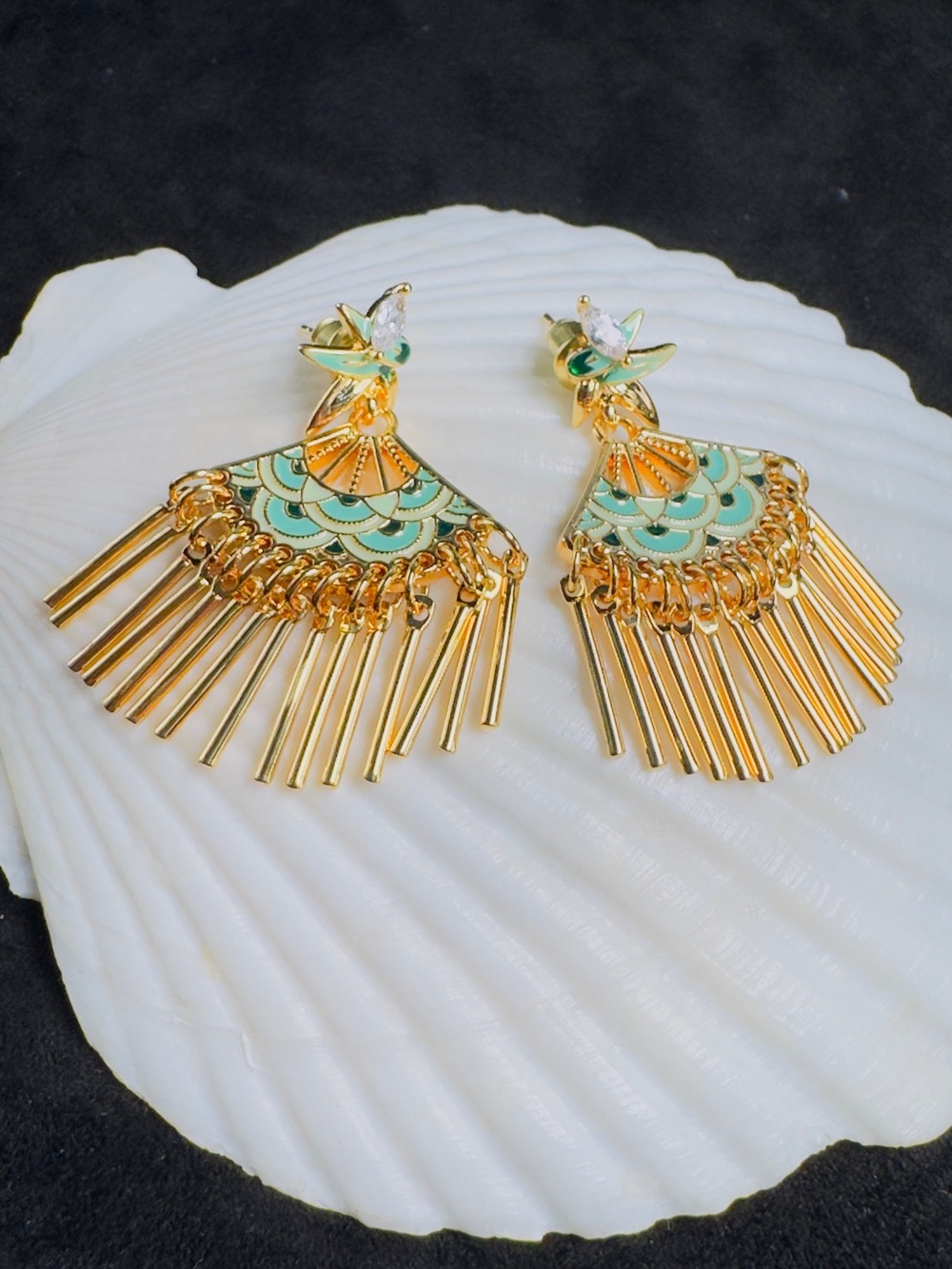 Gold and Mint Fan Tassel Drop Earrings - Women's Jewelry - Picture 1 of 8